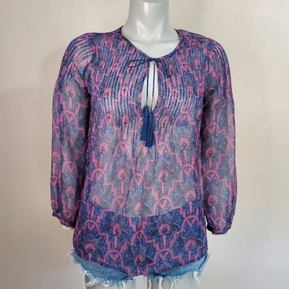 joie Bohemian Sheer Paisley Print Silk Pop Over Blouse Size XXS - Picture 9 of 14